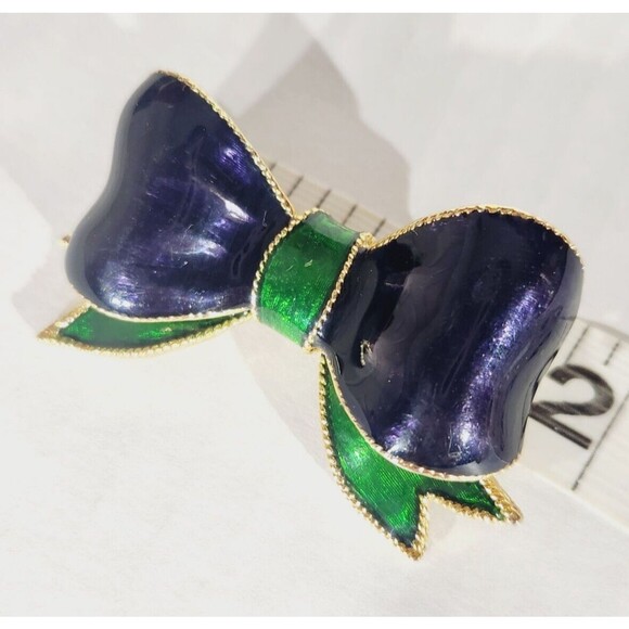 Vintage Brooch Pin Bow Ribbon Enamel Blue Green Gold - Picture 9 of 9